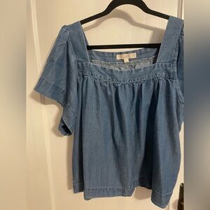 LOFT Chambray Square-Neck Short-Sleeve Top - Blue